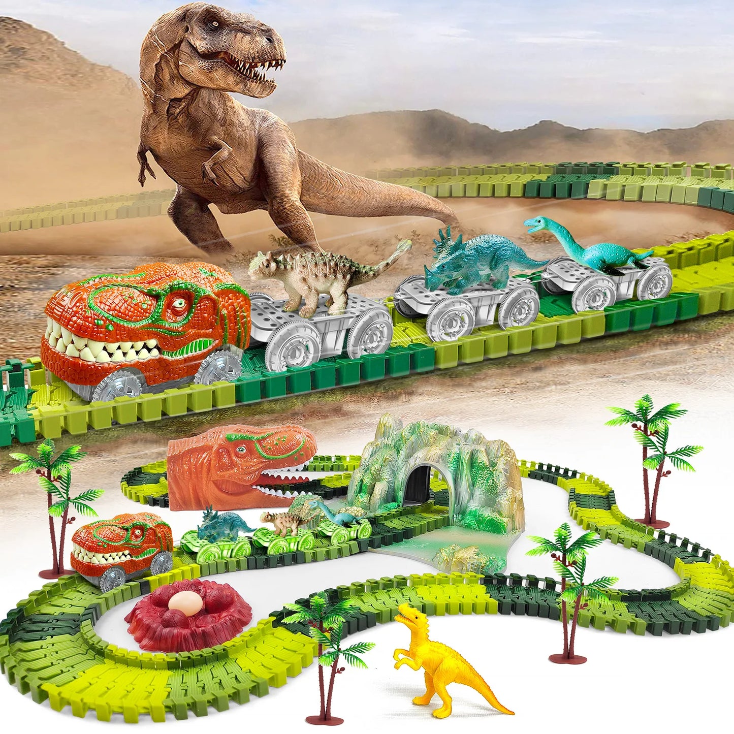 Kids Dinosaur Adventure Track Playset – Flexible Racing Car Toy